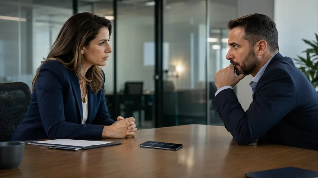 שיחת עבודה בין עובד למעסיק כשטלפון מקליט מונח על השולחן