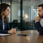 שיחת עבודה בין עובד למעסיק כשטלפון מקליט מונח על השולחן