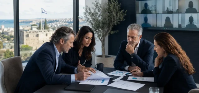 Employment lawyer and technology executives reviewing an executive agreement and equity compensation plan in Haifa