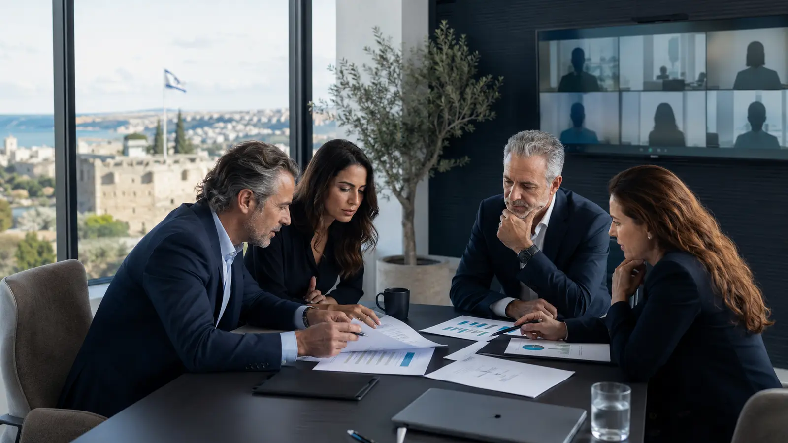 Employment lawyer and technology executives reviewing an executive agreement and equity compensation plan in Haifa