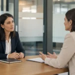 עובדת משוחחת עם אחראית על מניעת הטרדה מינית במסגרת בירור תלונה במקום העבודה