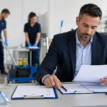 בעל חברת ניקיון בודק מסמכים לקבלת רישיון קבלן שירות