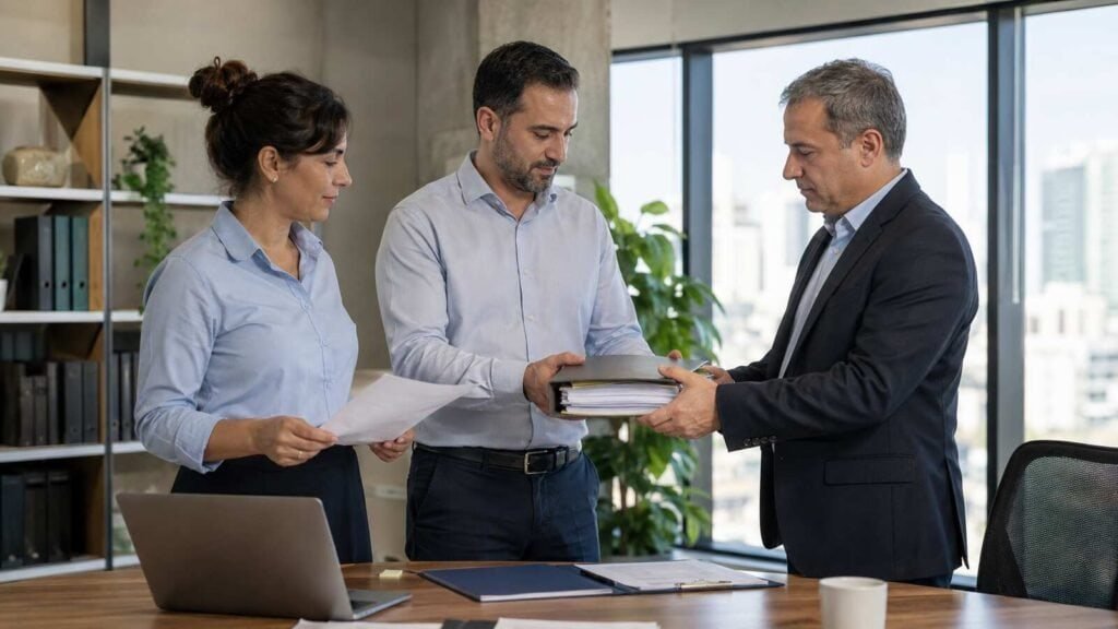 עובדת ושני מנהלים מבצעים מסירת תיק עובדים בעת חילופי קבלנים במשרד