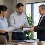 עובדת ושני מנהלים מבצעים מסירת תיק עובדים בעת חילופי קבלנים במשרד