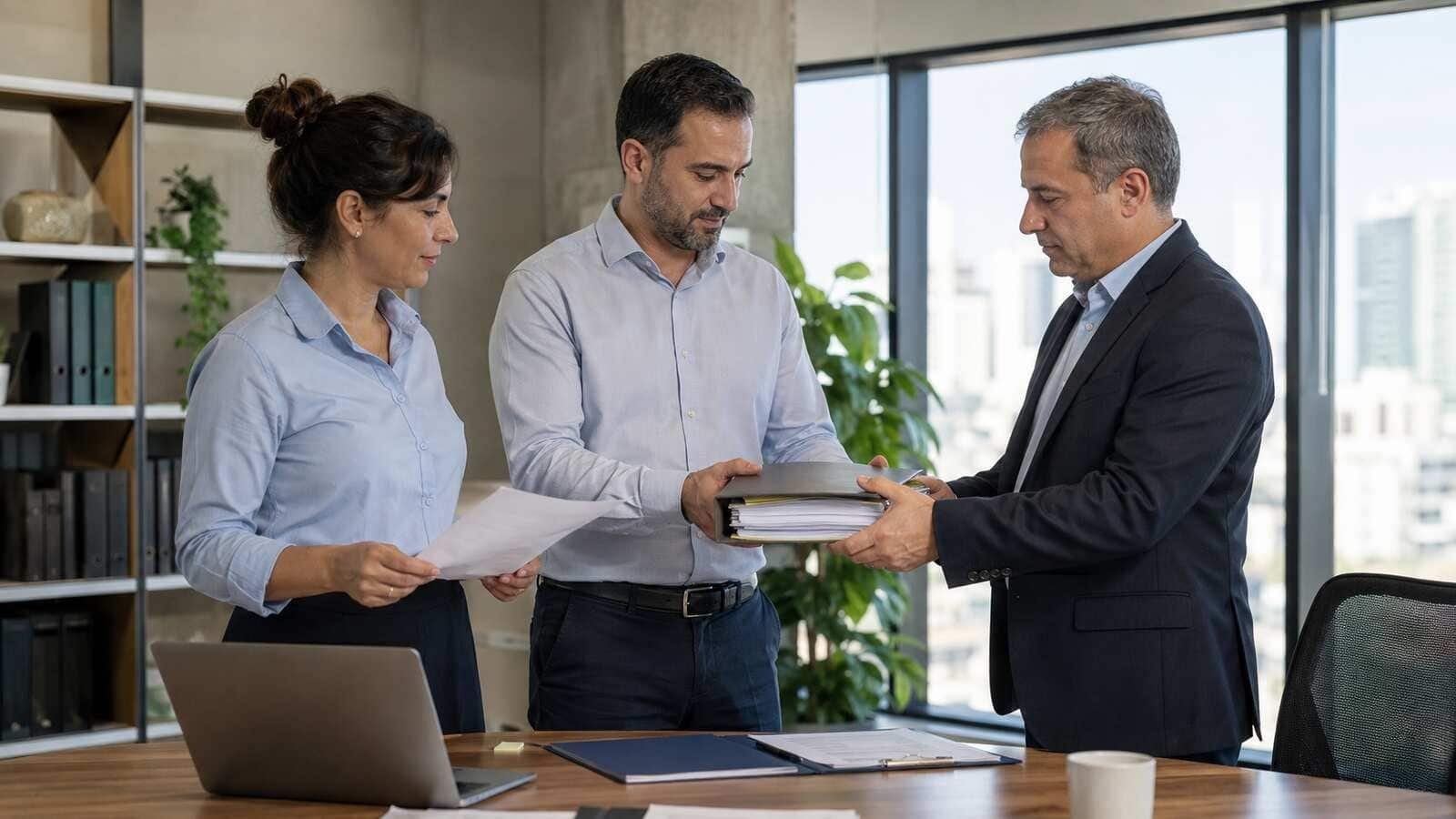 עובדת ושני מנהלים מבצעים מסירת תיק עובדים בעת חילופי קבלנים במשרד