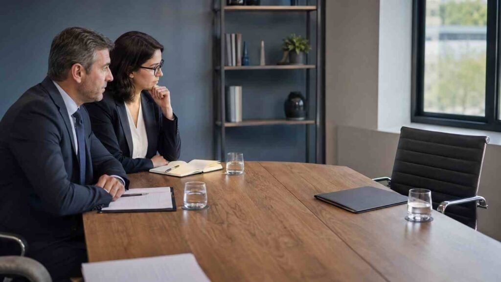 חדר ישיבות מוכן לשימוע כשהכיסא של העובד נותר ריק