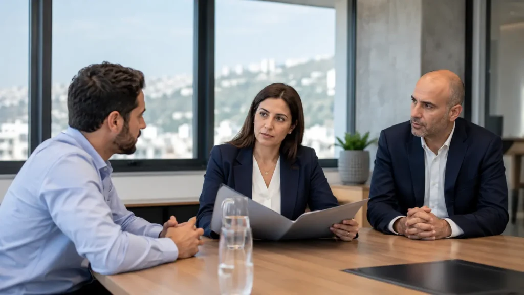 עובד ונציגי המעסיק מנהלים שימוע לפני פיטורים בחדר ישיבות