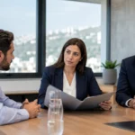 עובד ונציגי המעסיק מנהלים שימוע לפני פיטורים בחדר ישיבות