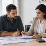 עובד ונציגת שכר בוחנים דוחות שעות לצורך חישוב פיצויי פיטורים