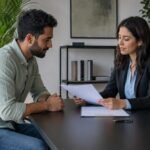 עובד ומנהלת משאבי אנוש בוחנים חוזה עבודה חדש בחדר ישיבות