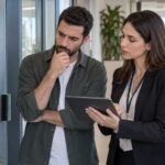 עובד ומנהלת משאבי אנוש בוחנים דיווח חריג בשעון הנוכחות