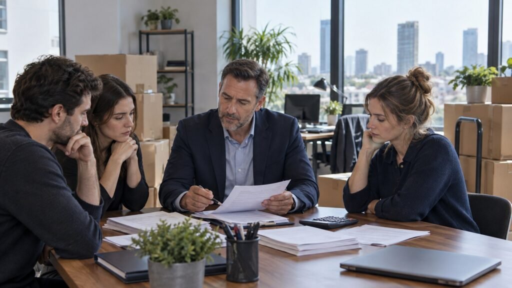 עובדים ומעסיק בוחנים זכויות וגמר חשבון לקראת סגירת העסק