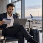 עובד בנסיעת עבודה בוחן מסמכים ומחשב בשדה התעופה