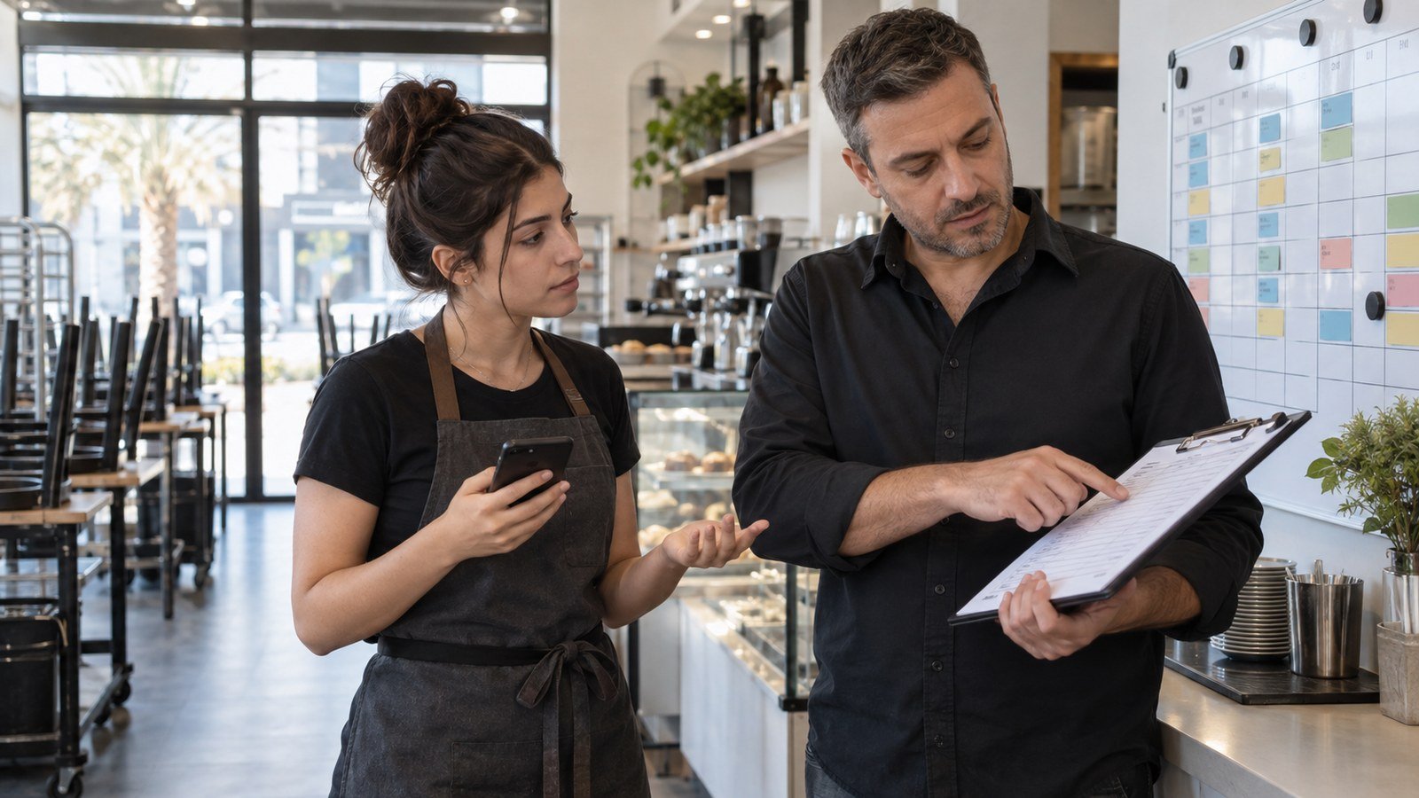 עובדת ומנהל בוחנים סידור עבודה לאחר ביטול משמרת בהתראה קצרה