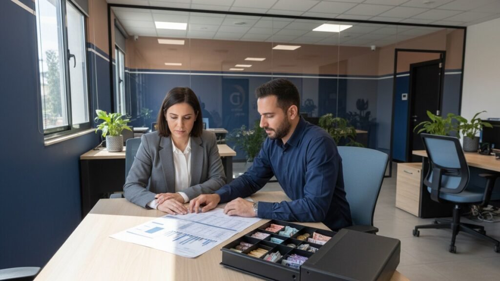 עובד ומנהלת משאבי אנוש בוחנים דוח קופה וחוסר שנמצא בסיום המשמרת