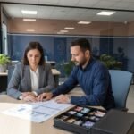 עובד ומנהלת משאבי אנוש בוחנים דוח קופה וחוסר שנמצא בסיום המשמרת