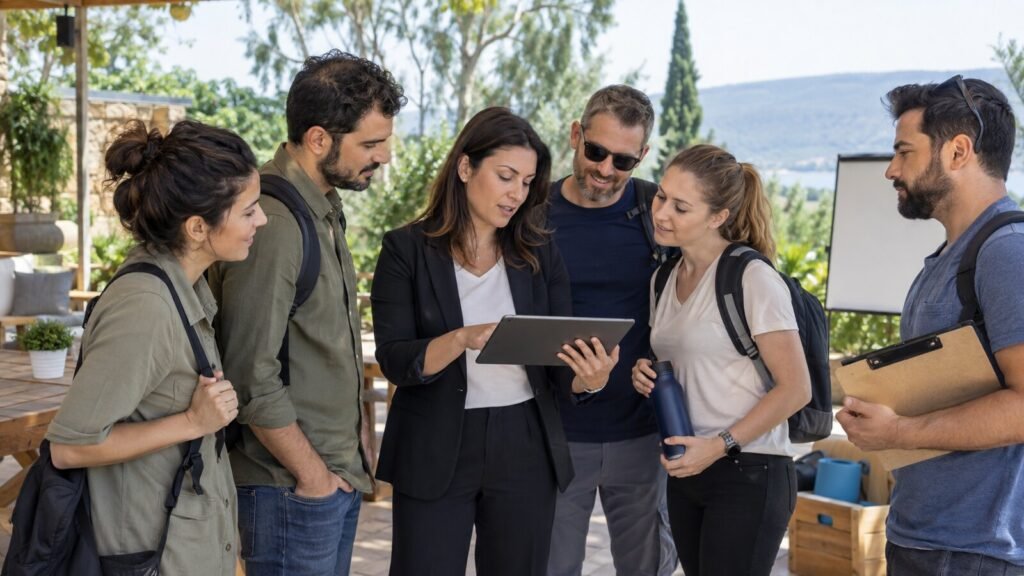עובדים ומנהלת בוחנים לוח זמנים של יום גיבוש ואירוע חברה