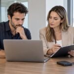 עובד ונציגת משאבי אנוש בוחנים קבצים במחשב העבודה לפני סיום ההעסקה