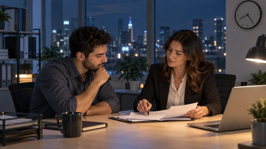 עובד ונציגת משאבי אנוש בוחנים דוח שעות בסיום משמרת לילה