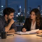 עובד ונציגת משאבי אנוש בוחנים דוח שעות בסיום משמרת לילה