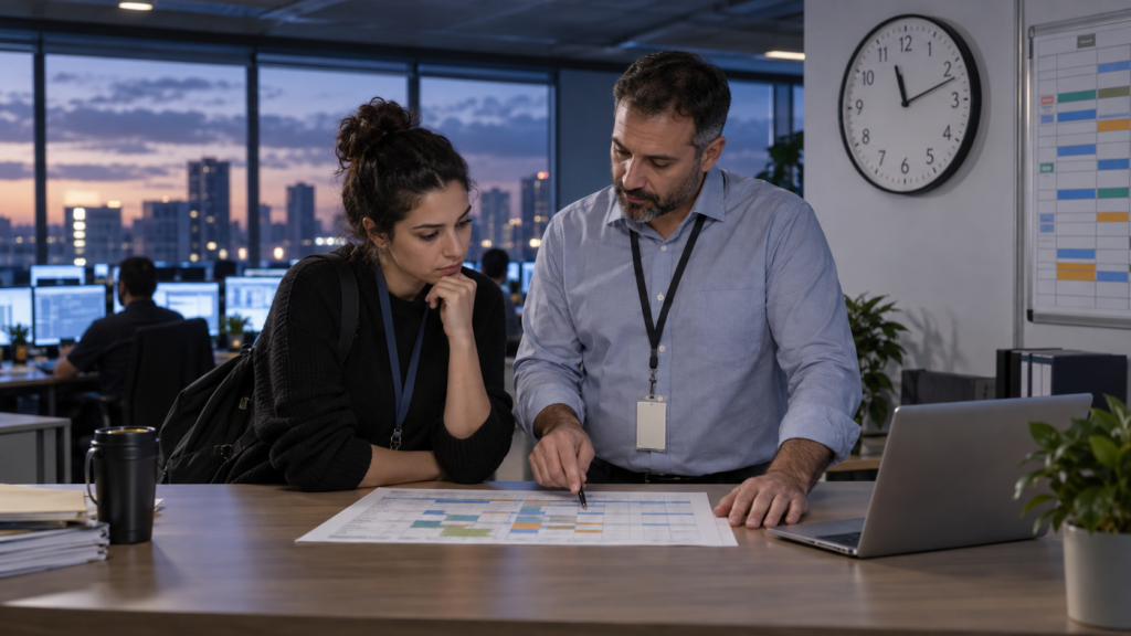 עובדת ומנהל משמרות בוחנים סידור עבודה ופער המנוחה בין משמרות