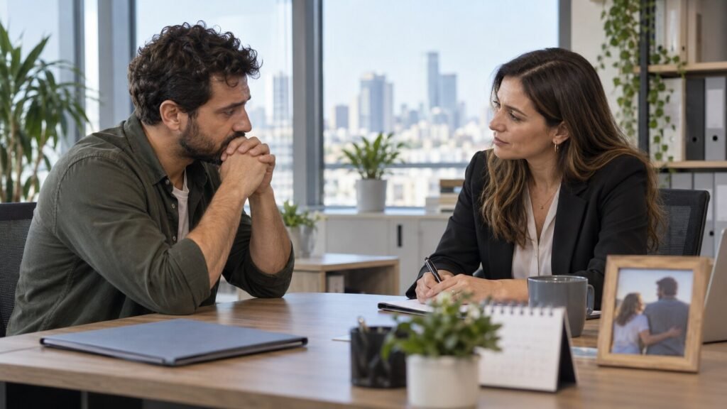 עובד ונציגת משאבי אנוש דנים בהיעדרות לצורך טיפול בבן זוג חולה