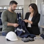 עובד ונציגת משאבי אנוש בוחנים בגדי עבודה וציוד מגן לפני תחילת המשמרת