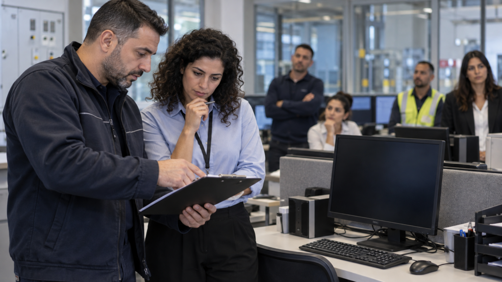 עובד ומנהלת תפעול בוחנים תקלה במחשב בזמן השבתה זמנית במקום העבודה