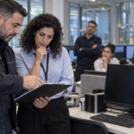עובד ומנהלת תפעול בוחנים תקלה במחשב בזמן השבתה זמנית במקום העבודה