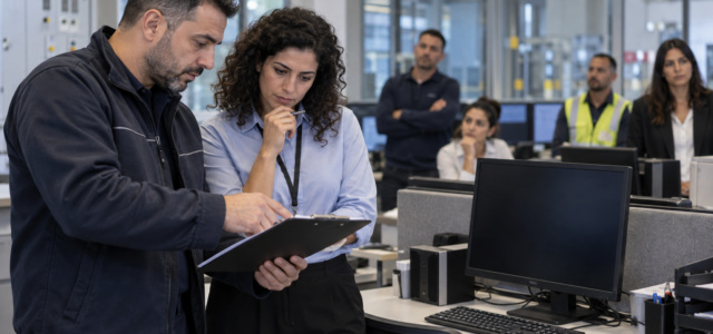 עובד ומנהלת תפעול בוחנים תקלה במחשב בזמן השבתה זמנית במקום העבודה