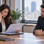 מנהלת משאבי אנוש משוחחת בטלפון לצד מועמד במסגרת בדיקת ממליצים רגישה