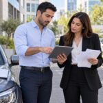 עובד ומנהלת משאבי אנוש בוחנים דוח נסיעות והוצאות ליד רכב פרטי