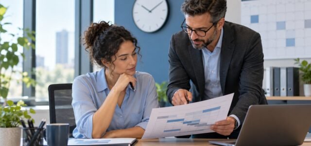 עובדת ומנהל בוחנים יחד שינוי בלוח שעות העבודה במשרד